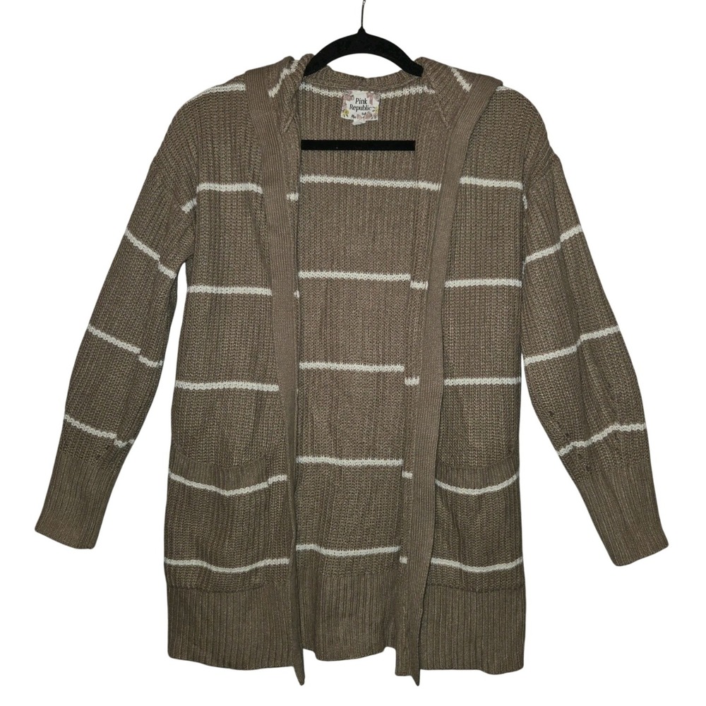 Pink Republic Women's Medium Beige Striped Sweater Open Front Cardigan Pockets
